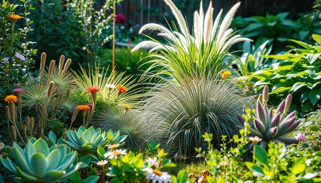 A lush, verdant garden scene with a variety of pet-friendly outdoor plants thriving in the soft, natural light. In the foreground, a mix of hardy, non-toxic succulents and flowering perennials sway gently in a light breeze. The middle ground features decorative grasses and low-growing bushes that provide both aesthetic appeal and safe spaces for pets to explore. In the background, a mix of shade-tolerant plants like ferns and hostas create a tranquil, inviting atmosphere. The overall composition evokes a sense of serene, nature-inspired beauty that is both visually pleasing and pet-safe.