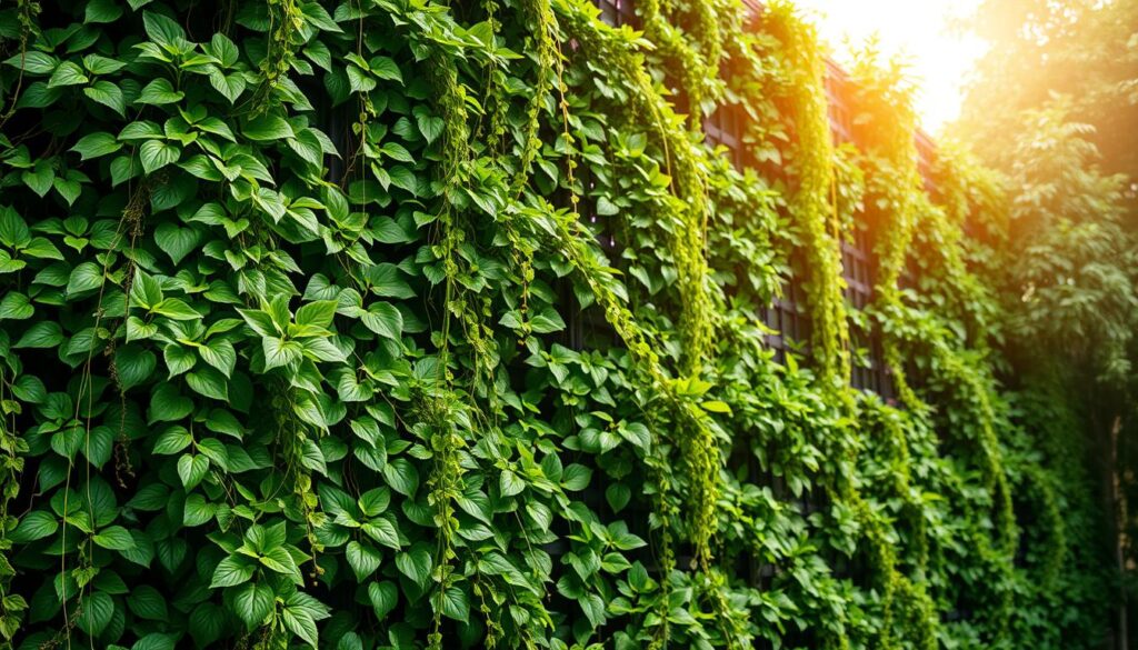 A lush, verdant vertical garden wall, adorned with a vibrant array of cascading greenery. The foreground showcases a variety of thriving plants, their leaves and vines spilling over the edges of individual planting pockets. In the middle ground, the sturdy, modular wall structure supports the verdant composition, its clean lines and minimalist design complementing the natural elements. The background features a warm, diffused natural light, casting a soft, golden glow across the scene, creating a serene and inviting atmosphere. The overall composition conveys a sense of harmony, where the carefully curated plants seamlessly integrate with the architectural framework, resulting in a striking and visually captivating display of sustainable urban gardening.