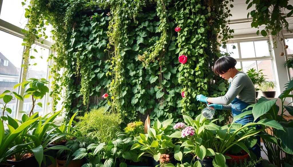 A lush vertical indoor garden with a variety of thriving plants, captured in a well-lit, wide-angle composition. The foreground features a person tending to the plants, pruning and watering with care. The middle ground showcases diverse foliage, including trailing vines, leafy greens, and colorful flowers. The background depicts a bright, airy room with natural light streaming in through large windows, creating a serene and rejuvenating atmosphere. The overall scene conveys a sense of tranquility and the importance of diligent maintenance for a healthy, vibrant vertical garden.
