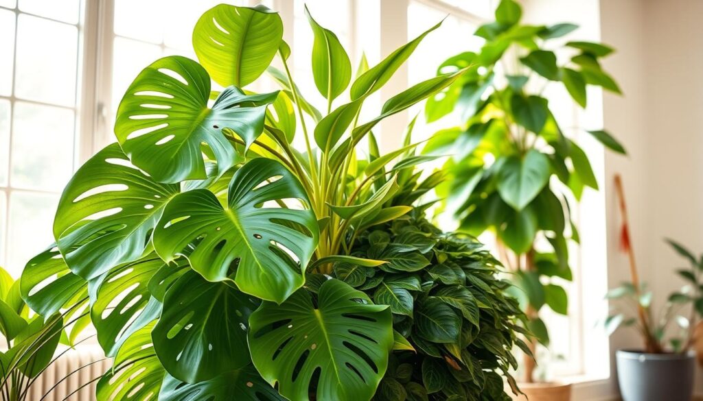 A lush, vibrant arrangement of pet-safe foliage plants in a bright, airy room. In the foreground, a flourishing Monstera deliciosa with its iconic perforated leaves cascades gracefully. Behind it, a full-bodied Dracaena fragrans 'Lemon Lime' adds pops of color, its slender stems reaching upwards. In the middle ground, a bushy Philodendron 'Xanadu' with its deeply lobed foliage complements the scene. The background features a tall, elegant Ficus lyrata (Fiddle-Leaf Fig) bathed in warm, natural light filtering through large windows. The overall composition evokes a sense of tranquility and wellness, ideal for a harmonious, pet-friendly living space.