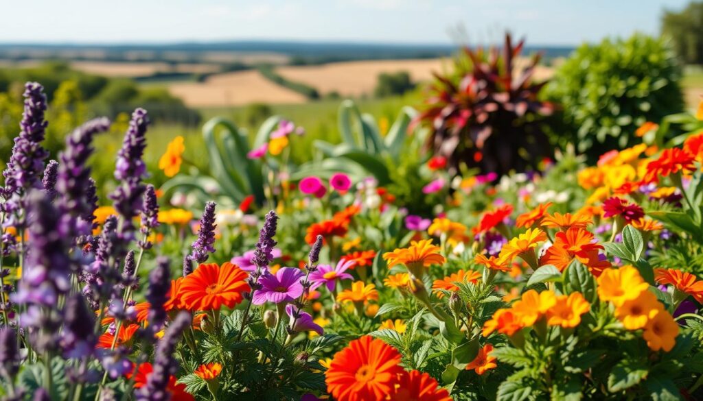 A lush, vibrant garden filled with an array of pet-safe flowering plants. In the foreground, a diverse mix of colorful blooms such as lavender, marigolds, and petunias sway gently in a warm, soft light. The middle ground features a variety of leafy, non-toxic houseplants like African violets, Boston ferns, and snake plants, creating a verdant, serene atmosphere. In the background, a blurred, out-of-focus landscape with a clear, blue sky overhead, suggesting an open, airy setting. The image conveys a sense of natural beauty, tranquility, and safety for both pets and plant enthusiasts.