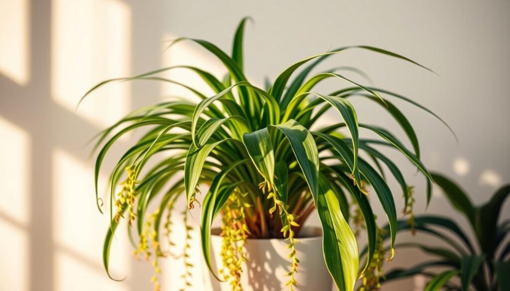 A lush, vibrant spider plant with its distinctive arching leaves and cascading plantlets, set against a soft, blurred background. The plant is illuminated by warm, natural lighting, casting gentle shadows that accentuate its textured foliage. The scene conveys a sense of tranquility and the plant's air-purifying benefits, with a focus on the plant's ability to improve indoor air quality. The composition is balanced, with the spider plant occupying the central focus, surrounded by a serene, minimalist environment that allows the plant's features to shine.