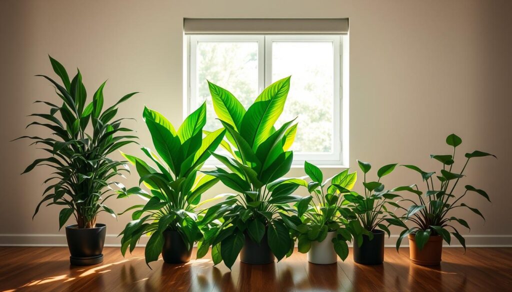 A lush, well-lit indoor garden showcasing five thriving air-purifying plants, meticulously arranged in the foreground. The plants include a tall, leafy Philodendron, a bushy Dracaena, a graceful Peace Lily, a vibrant Pothos, and a compact Snake Plant, each casting soft shadows on the polished wooden floor. In the middle ground, a sun-dappled window frames the garden, creating a warm, natural ambiance. The background features a minimalist, neutral-toned wall, allowing the plants to take center stage and emphasize their role as natural air purifiers for a bedroom space.