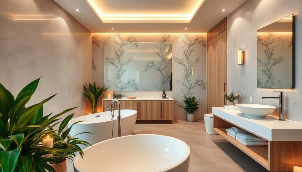 A luxurious, spa-like bathroom with a serene and tranquil atmosphere. The foreground features a freestanding bathtub with a minimalist design, surrounded by lush, verdant potted plants and candles providing a warm, soft glow. The middle ground showcases a large, frameless mirror reflecting the space, accompanied by elegant, natural-toned vanity cabinets and a sleek vessel sink. The background depicts a serene, nature-inspired wallpaper or tile pattern, enhancing the calming ambiance. The lighting is a combination of ambient overhead lighting and task lighting, creating a balanced, harmonious illumination. The overall mood evokes a sense of relaxation, rejuvenation, and a retreat from the everyday.