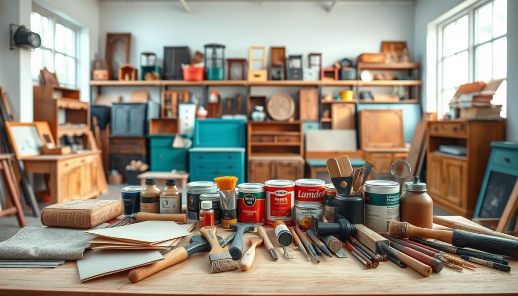 A meticulously arranged collection of DIY furniture flipping tools and supplies in a bright, airy studio setting. In the foreground, an array of hand tools including sandpaper, paint brushes, a hammer, and a chisel, all neatly organized on a wooden workbench. In the middle ground, various paint cans, stains, and varnishes in a range of vibrant colors stand ready for experimentation. The background features a wall of shelves displaying an assortment of furniture pieces in various states of disrepair, hinting at the transformative potential of the tools at hand. Soft, diffused natural lighting from large windows creates a welcoming, inspirational atmosphere, perfect for unleashing one's creativity in the art of DIY furniture flipping.