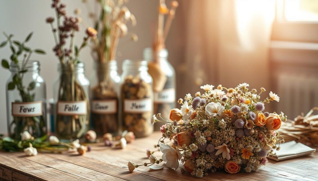 A meticulously arranged still life, capturing the essence of floral preservation techniques. In the foreground, a delicate bouquet of dried flowers, their petals and stems preserved with care, artfully displayed on a wooden table. The middle ground features jars and vials filled with drying herbs, sprigs, and leaves, each labeled with their botanical names. Soft, diffused lighting from a nearby window casts a warm, serene glow over the scene, accentuating the intricate textures and natural hues of the preserved flora. The background subtly fades into a muted, neutral palette, allowing the subject to take center stage. This tranquil composition conveys the timeless charm and timeless techniques of decorating with dried flowers.