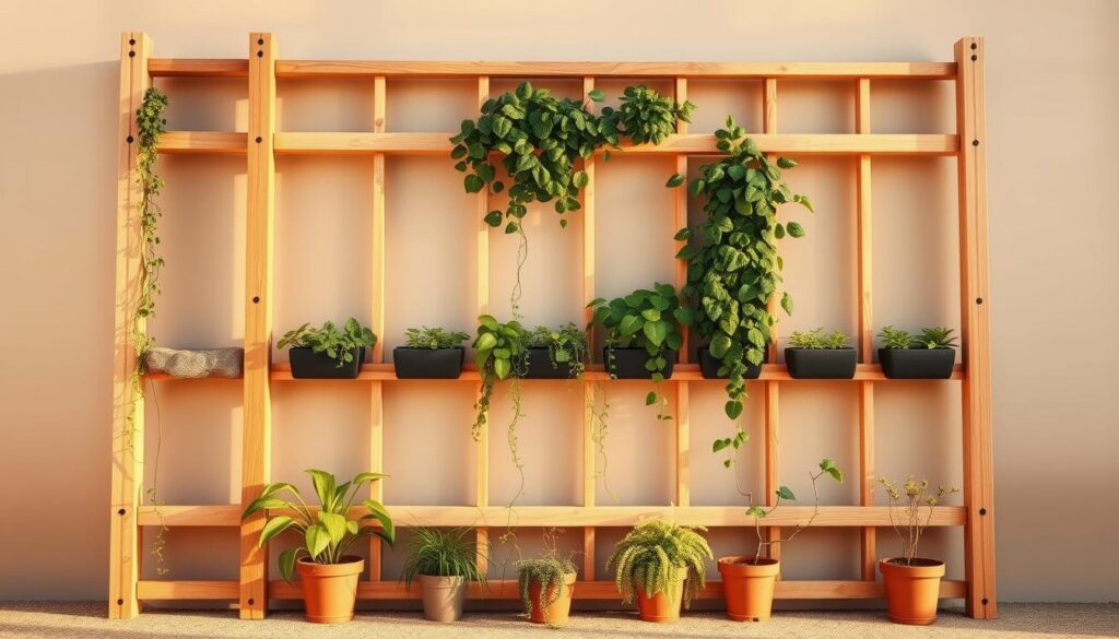 A meticulously crafted vertical garden wall frame, constructed with sturdy wooden beams and panels. The frame stands tall, its clean lines and geometric design exuding a sense of order and functionality. In the foreground, various potted plants and trailing vines await their placement, hinting at the lush, verdant display to come. Warm, diffused lighting illuminates the scene, casting gentle shadows that accentuate the frame's depth and texture. The background fades into a softly blurred, neutral backdrop, allowing the viewer's focus to remain on the captivating construction process.