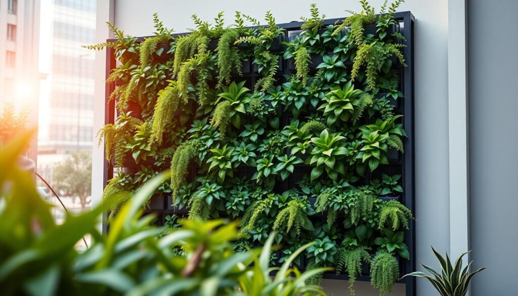A meticulously designed vertical garden wall system, featuring an intricate arrangement of lush, verdant plant life cascading down a sturdy, modern frame. The foreground showcases a variety of vibrant, leafy plants strategically positioned in modular planter boxes, creating a visually striking and harmonious composition. The middle ground highlights the sleek, minimalist frame, constructed from sleek, powder-coated metal that seamlessly integrates the greenery. In the background, a softly diffused natural light filters through, casting a warm, atmospheric glow and accentuating the textures and colors of the plants. The overall scene conveys a sense of tranquility, urban sustainability, and a harmonious integration of nature and modern design.