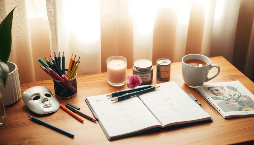 A meticulously organized desk against a warm, inviting backdrop. On the surface, an open planner, colored pens, and neatly arranged self-care items like a face mask, a scented candle, and a cup of tea. Soft, natural lighting illuminates the scene, creating a sense of tranquility and mindfulness. The arrangement conveys a thoughtful, intentional approach to self-care, with a focus on creating a personalized schedule to balance the demands of a busy lifestyle. The overall atmosphere is one of calm, reflection, and a commitment to personal well-being.