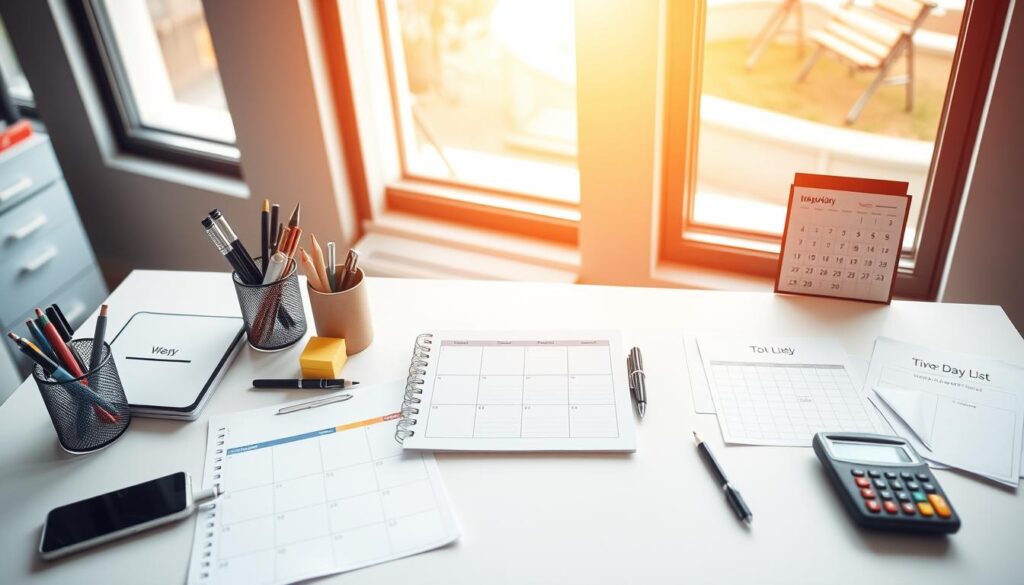 A meticulously organized office desk with a weekly planner, to-do list, and calendar laid out in a clean, minimalist style. Warm, natural lighting filters through large windows, casting a serene, productive atmosphere. Carefully arranged office supplies like a pen holder, sticky notes, and a calculator create a sense of focus and intention. The scene conveys a well-structured, time-efficient workflow to tackle the week's priorities.