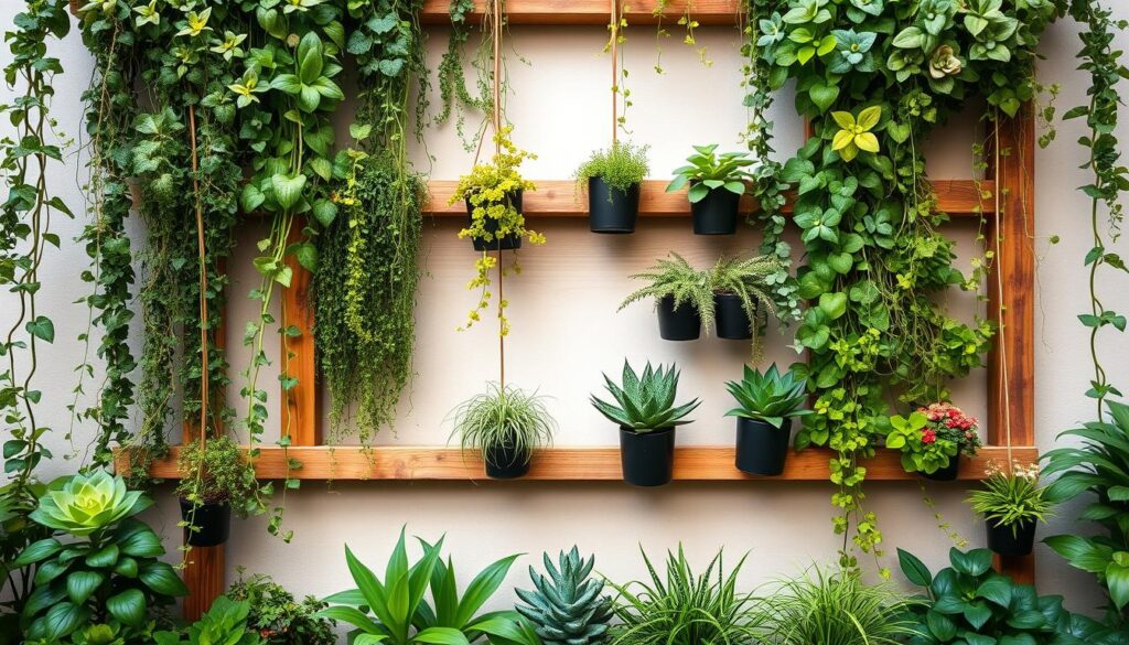 A meticulously planned vertical garden wall, showcasing a lush and vibrant arrangement of potted plants cascading down a rustic wooden frame. The foreground features an array of varied greenery, from trailing vines to sturdy succulents, strategically positioned to create a captivating visual balance. The middle ground showcases the wooden frame, with its natural grain and weathered texture providing a warm and inviting backdrop. The background fades into a soft, diffused light, creating a serene and calming atmosphere that enhances the tranquil ambiance of the scene. The overall composition emphasizes the harmonious integration of nature and architecture, inspiring viewers to envision the possibilities of a DIY vertical garden wall project.