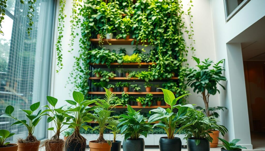 A meticulously planned vertical indoor garden, showcasing an elegant, tiered arrangement of lush foliage cascading down the walls. Soft, diffused lighting highlights the vibrant greens and intricate leaf patterns, creating a serene and calming atmosphere. In the foreground, various potted plants of varying heights are strategically placed, their roots and soil visible, hinting at the care and attention given to their cultivation. The middle ground features a thoughtfully designed shelving system, with each level displaying an array of thriving vegetation. The background blends seamlessly, revealing a minimalist, modern interior with clean lines and neutral tones, allowing the verdant garden to take center stage. The overall composition conveys a sense of harmony, balance, and a deep connection with nature, inspiring the viewer to consider the transformative potential of vertical indoor gardening.