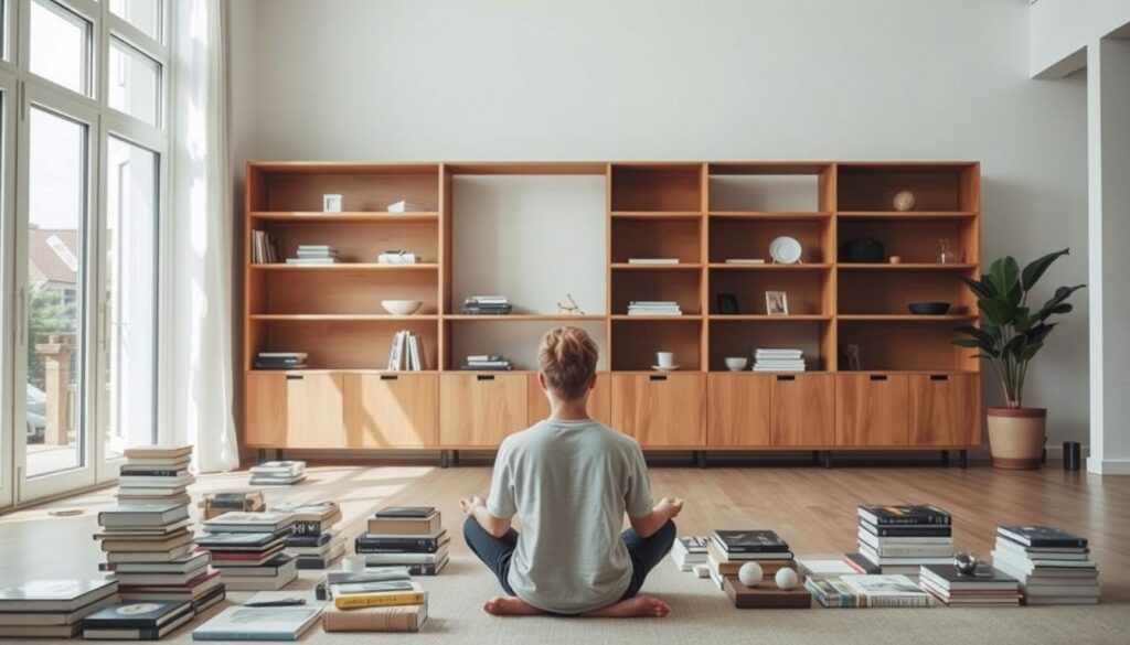 A minimalist living room with ample natural light filtering through large windows. In the foreground, a person sits cross-legged on the floor, surrounded by neatly organized piles of items - books, trinkets, and personal mementos. The middle ground features a sleek, modern shelving unit, its surfaces clear of clutter, allowing the warm, earthy tones of the wood to shine. In the background, a serene indoor plant arrangement completes the calming, decluttered atmosphere. The overall scene conveys a sense of clarity, focus, and a renewed connection to the essential elements of a fulfilling home life. A minimalist living room with ample natural light filtering through large windows. In the foreground, a person sits cross-legged on the floor, surrounded by neatly organized piles of items - books, trinkets, and personal mementos. The middle ground features a sleek, modern shelving unit, its surfaces clear of clutter, allowing the warm, earthy tones of the wood to shine. In the background, a serene indoor plant arrangement completes the calming, decluttered atmosphere. The overall scene conveys a sense of clarity, focus, and a renewed connection to the essential elements of a fulfilling home life.