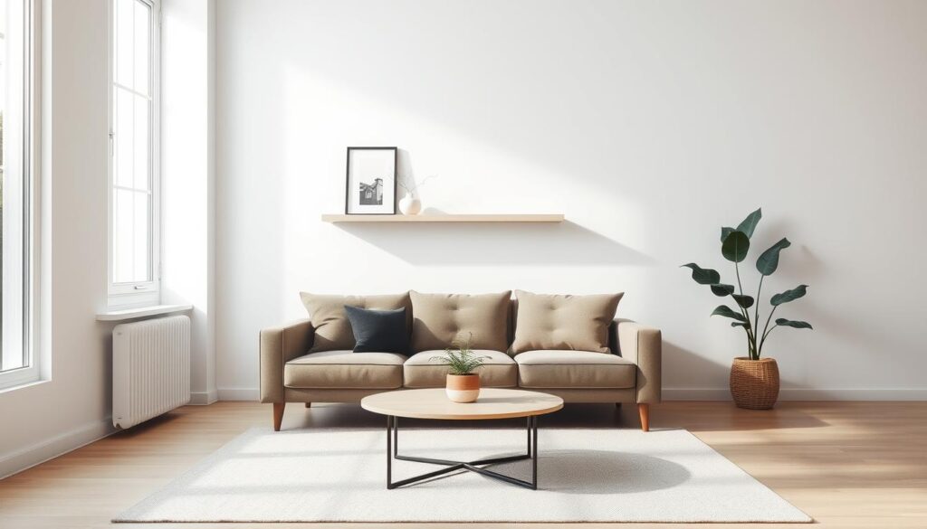 A minimalist living room with clean lines and neutral tones. In the foreground, a simple yet stylish sofa and a small coffee table adorned with a single potted plant. The middle ground features a wall-mounted floating shelf displaying a few carefully curated decorative items, such as a small vase and a framed artwork. The background showcases a large window allowing natural light to flood the space, creating a serene and airy atmosphere. The overall composition emphasizes the importance of selective, purposeful styling to avoid clutter in a small space. The lighting is soft and diffused, capturing the tranquil mood of the scene.