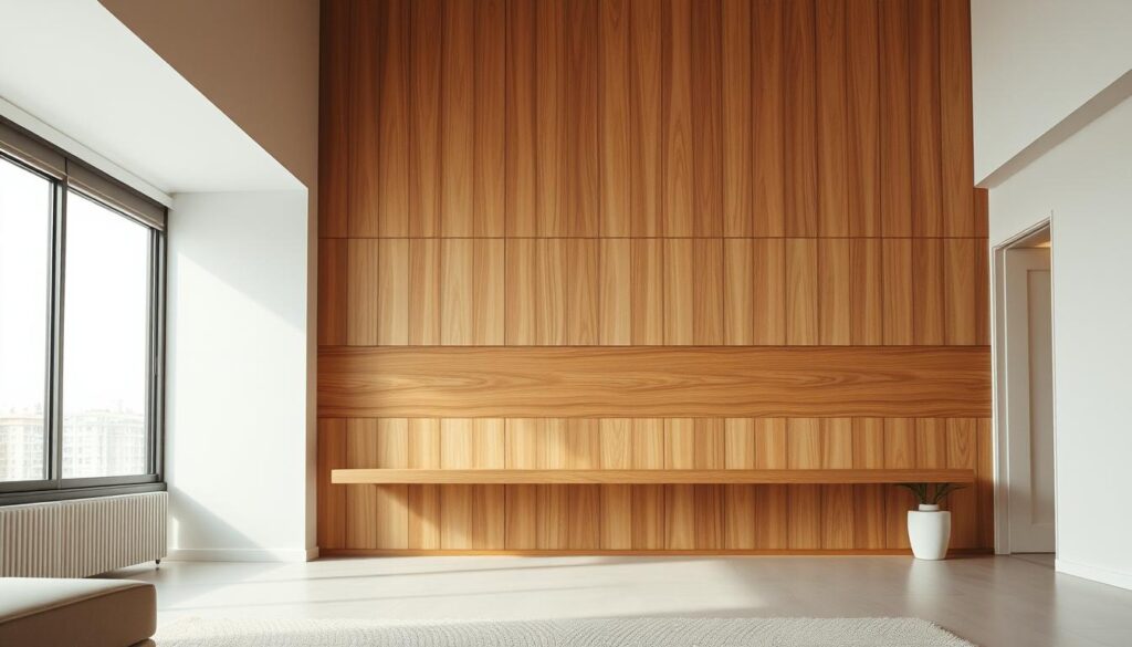 A modern and minimalist interior space with a focal wall showcasing a combination of vertical and horizontal wood paneling. The paneling features a warm, natural tone that contrasts against the neutral-colored walls and clean, minimalist furnishings in the room. Soft, diffused lighting from a large window illuminates the space, creating a serene and inviting atmosphere. The paneling is paired with a minimalist piece of art or a floating shelf to create a cohesive and visually striking design. The camera angle captures the room from a slight low perspective, highlighting the clean lines and careful attention to detail in the wall paneling and overall interior styling.