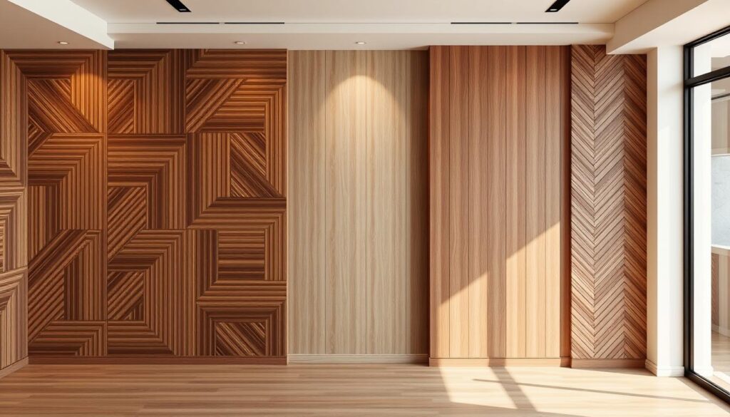 A modern, minimalist interior with creative wall paneling designs that add visual interest and depth to the space. In the foreground, a bold geometric pattern in warm, earthy tones adorns the central feature wall, casting soft, directional lighting that highlights the textural details. The middle ground showcases a mix of clean-lined, vertical wood paneling in a lighter tone, complemented by a subtle, herringbone-patterned accent wall. The background depicts a serene, neutral color palette with hints of natural materials, creating a cohesive and harmonious atmosphere that elevates the space.