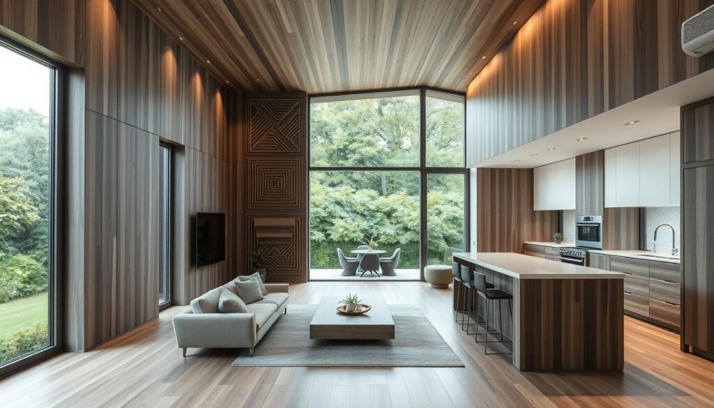 A modern, minimalist living room with sleek, timber-clad walls in a variety of tones and patterns. The paneling extends from floor to ceiling, creating a warm, natural ambiance. Soft, indirect lighting illuminates the space, casting a gentle glow. The layout features a cozy seating area centered around a low, rectangular coffee table. Large windows offer a view of a lush, verdant outdoor garden, blending the interior and exterior seamlessly. The overall atmosphere is one of understated elegance and tranquility. A modern, well-lit kitchen with a mix of vertical and horizontal wood panel walls in varying shades of grey and brown. The paneling wraps around the space, creating a cohesive, high-end aesthetic. Stainless steel appliances and white countertops provide a crisp contrast. Recessed lighting in the ceiling casts a warm, even illumination. The open floor plan allows for easy movement between the kitchen and an adjacent dining area. A spacious, airy bedroom with a focal wall featuring intricate, geometric
