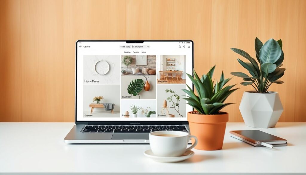 A modern, minimalist mood board software interface displayed on a sleek laptop screen. The screen is positioned on a clean, white desk, with a potted plant and a cup of coffee in the foreground. The background features a warm, natural-toned wall, creating a cozy, yet professional atmosphere. The mood board software showcases a harmonious color palette, various textures, and inspirational images related to home decor. The overall composition emphasizes the streamlined, user-friendly design of the software, making it an appealing tool for home decor enthusiasts.