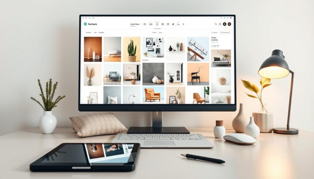 A modern, minimalist workspace with a large desk showcasing a sleek, intuitive mood board software interface. The screen displays various home decor images, color palettes, and design elements neatly organized. Soft, diffused lighting casts a warm glow, creating a cozy, inspirational atmosphere. In the foreground, a tablet and stylus lie ready for the user to explore digital mood boarding. The middle ground features carefully curated home decor items - throw pillows, vases, and potted plants - hinting at the software's ability to integrate physical and digital elements. The background is a clean, white wall, allowing the mood board to take center stage.