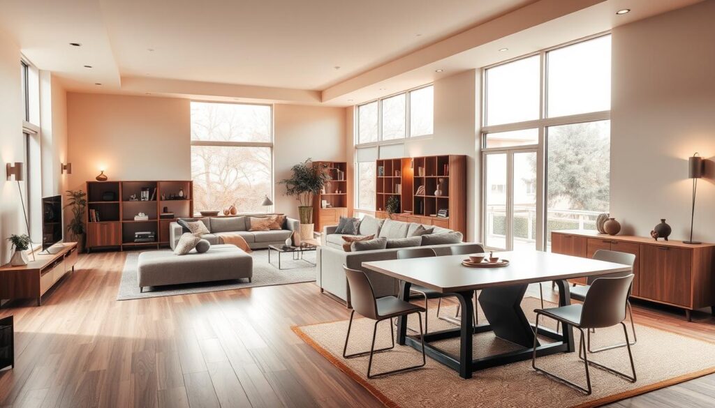A modern, multipurpose room with a flexible layout that enhances versatility. A spacious, open-concept space with sleek, minimalist furniture in earthy tones. Generous windows let in warm, natural light, while discreet task lighting and ambient sconces create a cozy ambiance. A large, modular sofa can be reconfigured for various uses - work, relaxation, or guest accommodation. A height-adjustable desk doubles as a dining table, complemented by minimalist chairs. Carefully placed shelving and storage units provide organization without clutter. The room exudes a harmonious, serene atmosphere that adapts to diverse needs.