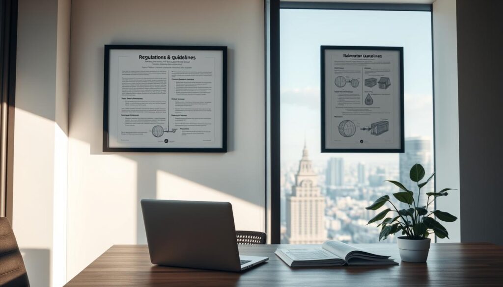 A modern office interior with a large window overlooking a city skyline. On the desk, a laptop, legal documents, and a potted plant. On the wall, framed regulations and guidelines for rainwater harvesting, with detailed diagrams and technical specifications. Soft, natural lighting filters in, creating a contemplative atmosphere. The overall scene conveys a sense of urban sustainability and environmental responsibility.