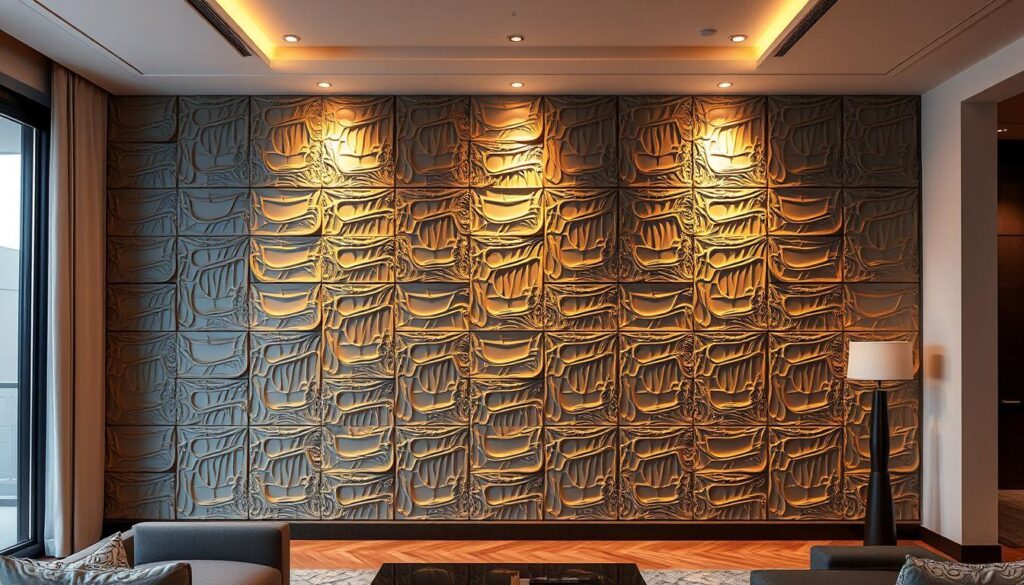 A modern, sleek interior with a focal wall featuring a dynamic array of intricately textured wall panels. The panels showcase a harmonious blend of matte and glossy finishes, creating visual interest and depth. The lighting is a combination of warm, indirect illumination and strategically placed spotlights, highlighting the intricate patterns and elevating the overall ambiance. The room is furnished with minimalist, contemporary furnishings, allowing the wall panels to take center stage. The overall composition conveys a sense of sophistication and effortless style, perfectly suited for a contemporary home.
