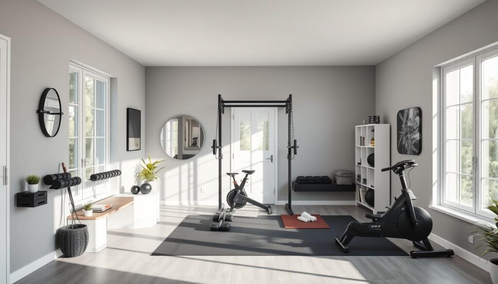 A modern, well-organized home gym with efficient space utilization. A sun-drenched room with floor-to-ceiling windows, bright and airy. Sleek, minimalist workout equipment meticulously arranged - a power rack, free weights, yoga mats, and a stationary bike. The space is optimized for functional training, with ample room to move. Soft grey and white tones create a calming, focused atmosphere. Thoughtful storage solutions maximize usable area. Plants and personal touches add warmth. High-quality, adjustable lighting enhances the space. The entire setup is designed for a seamless, distraction-free workout experience.