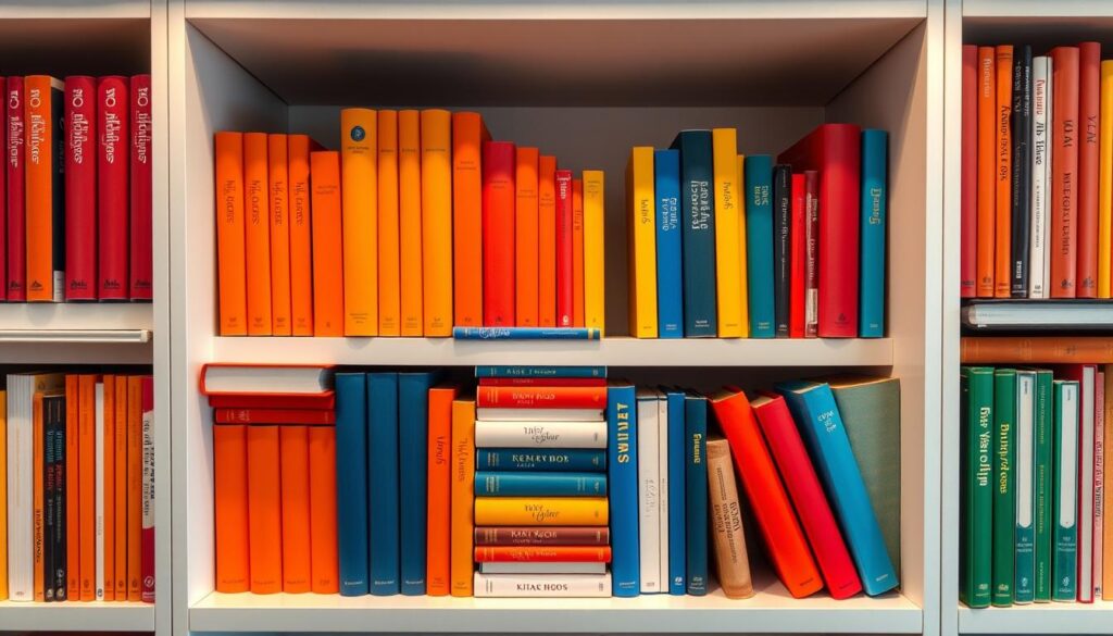 A neatly arranged bookshelf showcases a vibrant color-coordinated display. Hardcover volumes in shades of red, orange, and yellow create a warm, inviting ambiance, while blues and greens add pops of cool contrast. The books are carefully stacked and positioned, creating visually appealing geometric patterns. Soft, diffused lighting from above casts a gentle glow, highlighting the book spines and enhancing the cohesive color scheme. The overall effect is a visually striking and aesthetically pleasing book arrangement that effortlessly blends form and function, inviting the viewer to explore and be inspired.