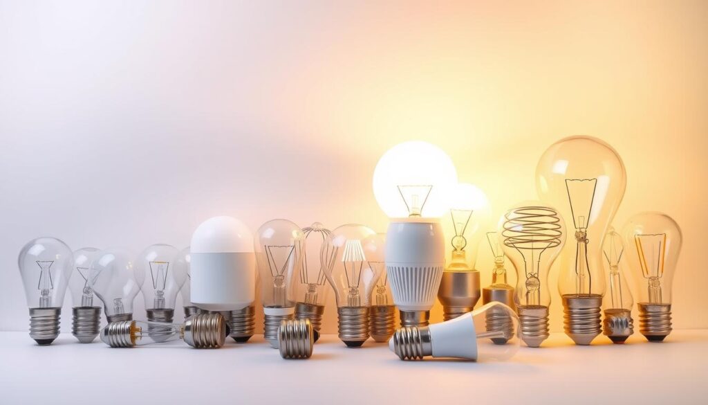 A neatly arranged composition showcasing a diverse array of modern light bulb options, thoughtfully presented against a softly lit, minimalist background. Prominently featured are various LED, incandescent, and energy-efficient bulb types, each highlighting their distinct shapes, sizes, and color temperatures. The lighting is warm and inviting, accentuating the intricate details and materials of the bulbs, allowing the viewer to appreciate the nuances of each option. The overall scene conveys a sense of informative clarity, guiding the observer towards a deeper understanding of the versatile lighting choices available for the home.