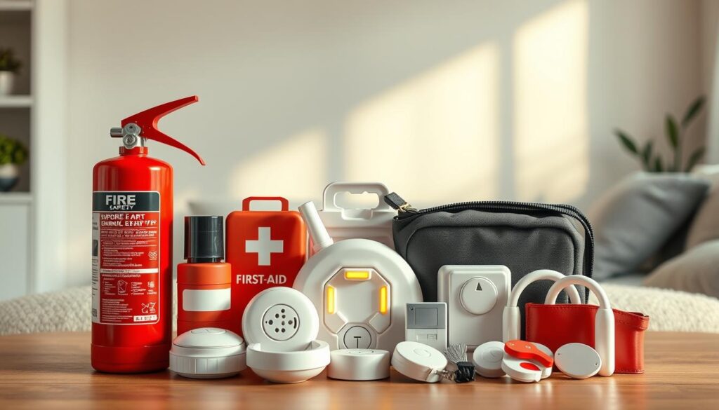 A neatly arranged display of essential home safety products, including a fire extinguisher, smoke detector, first-aid kit, and childproof locks. The products are illuminated by warm, soft lighting, casting gentle shadows and creating a sense of security and protection. The background features a clean, minimalist interior design, emphasizing the importance of these practical yet vital items. The composition is balanced, with the safety products taking center stage, conveying a message of responsible home management and family well-being.