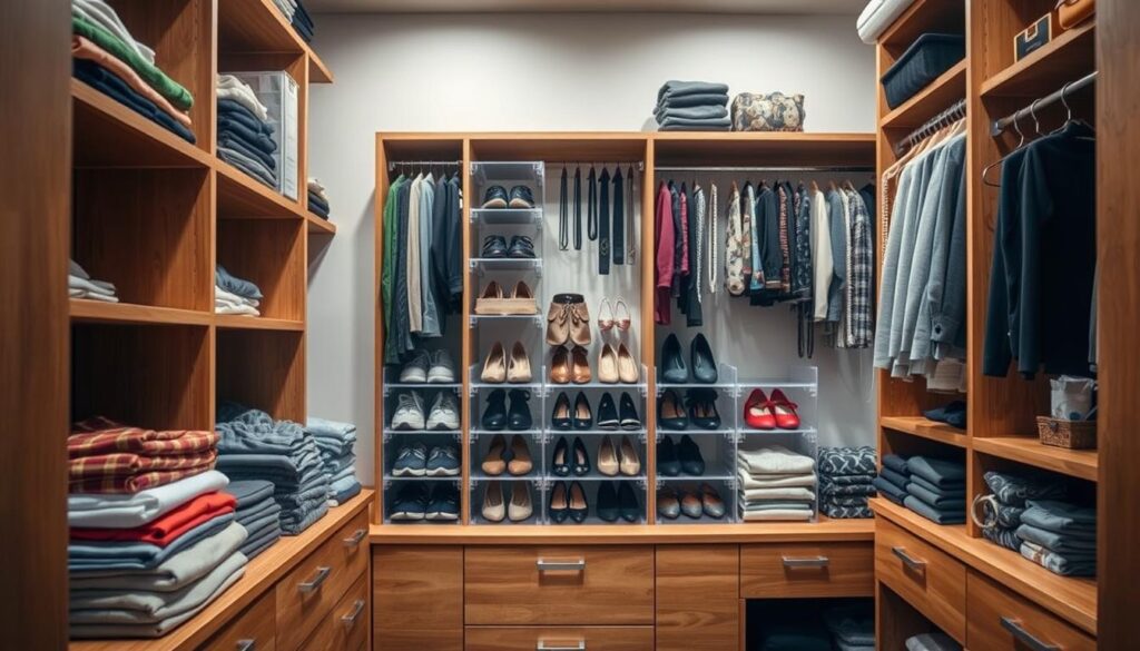 A neatly organized closet with wooden shelves, drawers, and hanging rods. The foreground features carefully folded stacks of clothes, color-coded by category - shirts, pants, dresses. The middle ground showcases a variety of shoes, from sneakers to heels, arranged in clear shoe organizers. In the background, various accessories like scarves, belts, and jewelry are displayed on dedicated storage units. Soft, diffused lighting creates a warm, inviting atmosphere, highlighting the clean, minimalist design. The overall scene conveys a sense of order, efficiency, and personal style.