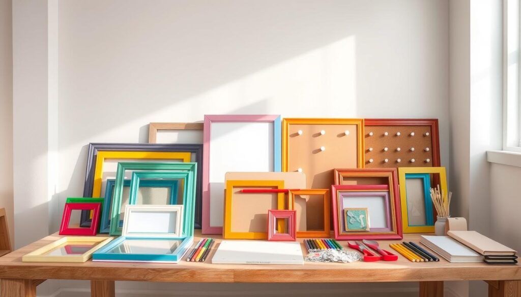 A neatly organized collection of DIY art display materials in a well-lit studio setting. On a wooden table, an assortment of colorful frames, mounting boards, pegboards, and hanging hardware. Soft, natural lighting illuminates the texture and vibrant hues of the materials. In the background, a plain white wall provides a clean, minimalist backdrop to showcase the creative tools. The overall atmosphere encourages a sense of playfulness and artistic exploration, suitable for a kids' art gallery.