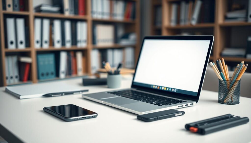 A neatly organized desk with a laptop, smartphone, and various office supplies carefully arranged. The lighting is soft and diffused, creating a calming atmosphere. The laptop screen displays a minimalist user interface, conveying a sense of digital order. In the background, a blurred bookshelf filled with reference materials suggests a productive workspace. The overall composition emphasizes the importance of maintaining a tidy and efficient digital environment.