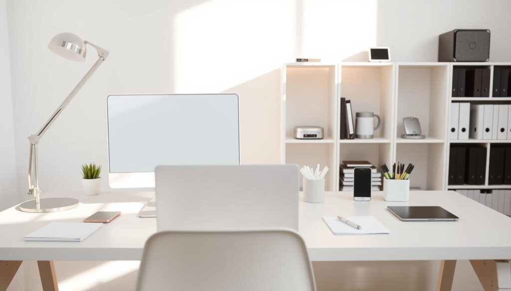 A neatly organized desk with a minimalist design, featuring a sleek laptop, a clean monitor, and a well-curated collection of office supplies. The lighting is soft and natural, casting a warm glow on the scene. In the background, a simple yet elegant bookshelf showcases a few carefully selected books and digital devices, all arranged in a visually pleasing manner. The overall atmosphere conveys a sense of productivity, efficiency, and a harmonious balance between digital and physical organization.