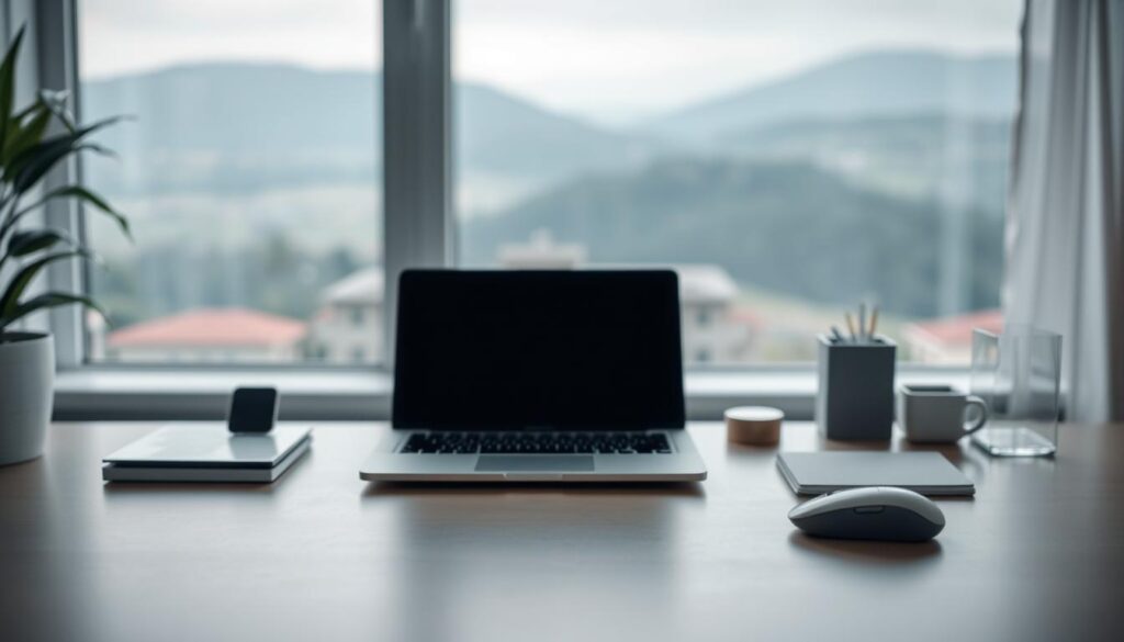 A neatly organized desk with a sleek laptop, wireless mouse, and minimalist desk organizers. The lighting is soft and diffused, creating a calming, productive atmosphere. The background features a blurred, serene landscape visible through a large window, emphasizing the tranquility of the digital workspace. The overall scene conveys a sense of digital order, minimalism, and balance, reflecting the desired "calmer home environment" for focused work and digital tasks. A neatly organized desk with a sleek laptop, wireless mouse, and minimalist desk organizers. The lighting is soft and diffused, creating a calming, productive atmosphere. The background features a blurred, serene landscape visible through a large window, emphasizing the tranquility of the digital workspace. The overall scene conveys a sense of digital order, minimalism, and balance, reflecting the desired "calmer home environment" for focused work and digital tasks.