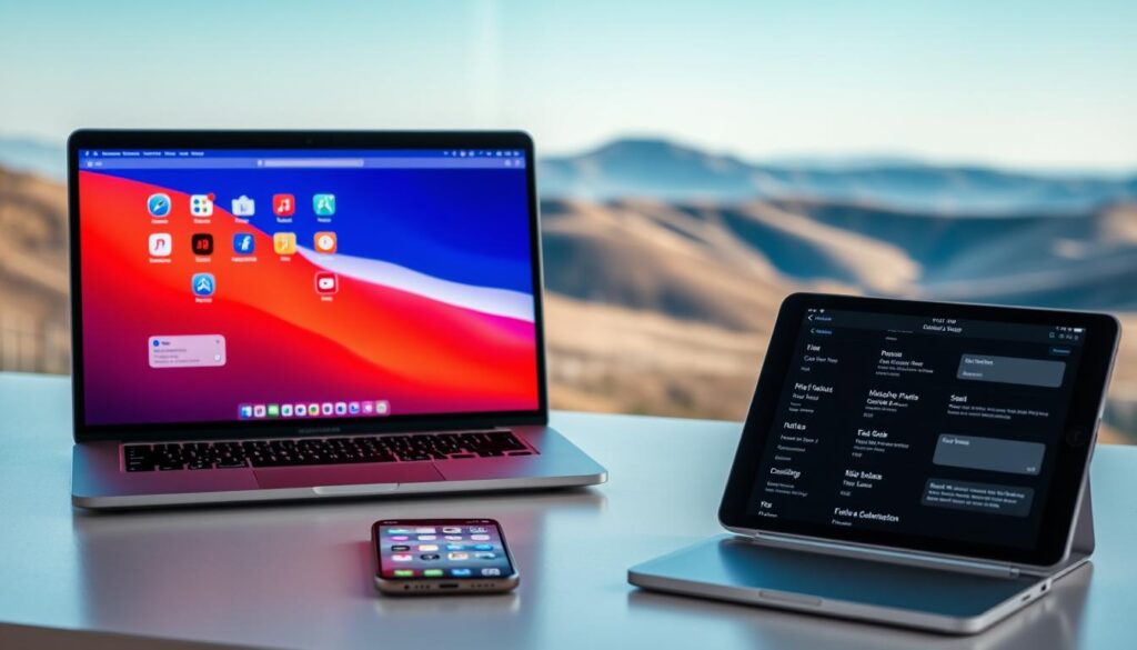 A neatly organized digital workspace with a minimalist aesthetic. In the foreground, various productivity apps and tools are displayed on a sleek, silver laptop screen, its display illuminated by warm, directional lighting. In the middle ground, a smartphone and tablet rest on a clean, white desk, their interfaces showcasing calendar, notes, and to-do list apps. The background features a serene, blurred landscape of rolling hills and a clear, blue sky, conveying a sense of calm and focus. The overall scene depicts a well-curated, efficient digital environment, optimized for productivity and organization.