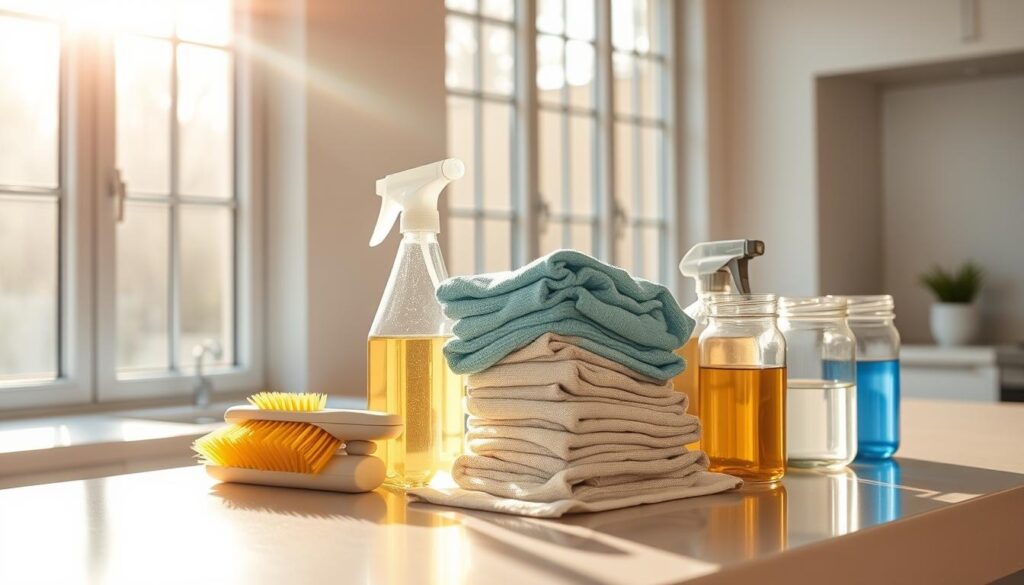A neatly organized kitchen counter, sunlight streaming through large windows, casting a warm glow. On the counter, a collection of cleaning supplies - a spray bottle, a scrub brush, a stack of microfiber cloths, and a few glass jars filled with natural cleaning solutions. The scene exudes a sense of order and efficiency, with each item strategically placed for easy access. The overall atmosphere is one of tranquility and productivity, inviting the viewer to embark on a transformative cleaning journey that will leave the space feeling refreshed and rejuvenated.