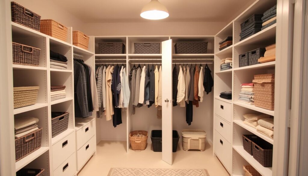 A neatly organized small closet with efficient storage solutions. The closet features a minimalist white shelving unit that maximizes vertical space, with various baskets, bins, and cubbies for storing clothing, linens, and accessories. Soft lighting from a single overhead fixture creates a warm, inviting atmosphere. The closet door is slightly ajar, revealing a well-curated wardrobe in shades of gray, navy, and beige. The floor is clean and uncluttered, with a small rug adding a touch of coziness. The overall scene conveys a sense of calm, order, and practicality, showcasing effective strategies for organizing a compact closet space.