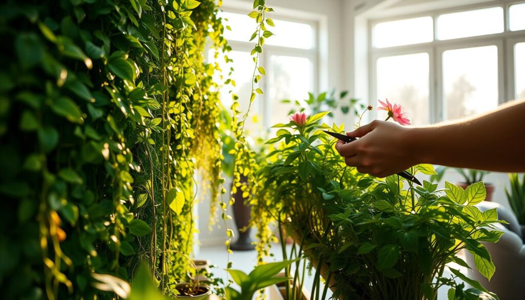 A neatly organized vertical indoor garden, sunlight streaming through large windows, illuminating lush greenery. In the foreground, a gardener's hands carefully pruning and tending to the plants, showcasing proper maintenance techniques. The middle ground features a variety of thriving, verdant plants - trailing vines, leafy stems, and colorful blooms. The background depicts a minimalist, modern interior, highlighting the integration of the vertical garden within the living space. Soft, warm lighting and a soothing color palette create a peaceful, serene atmosphere. Captured with a shallow depth of field, emphasizing the intricate details of the gardening process.