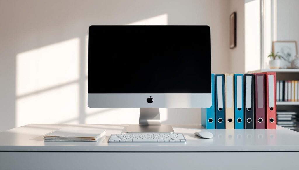 A neatly organized workspace with a minimalist desk, clean lines, and a serene atmosphere. In the foreground, a desktop computer and a sleek, high-resolution monitor, bathed in soft, natural lighting from a large window. In the middle ground, carefully curated file folders and binders, color-coded and meticulously labeled, creating a sense of order and efficiency. The background features a clean, clutter-free wall, with a few carefully selected pieces of art or decor, conveying a sense of calm and focus. The overall mood is one of tranquility and productivity, inviting the viewer to imagine the effortless organization of their own digital files.
