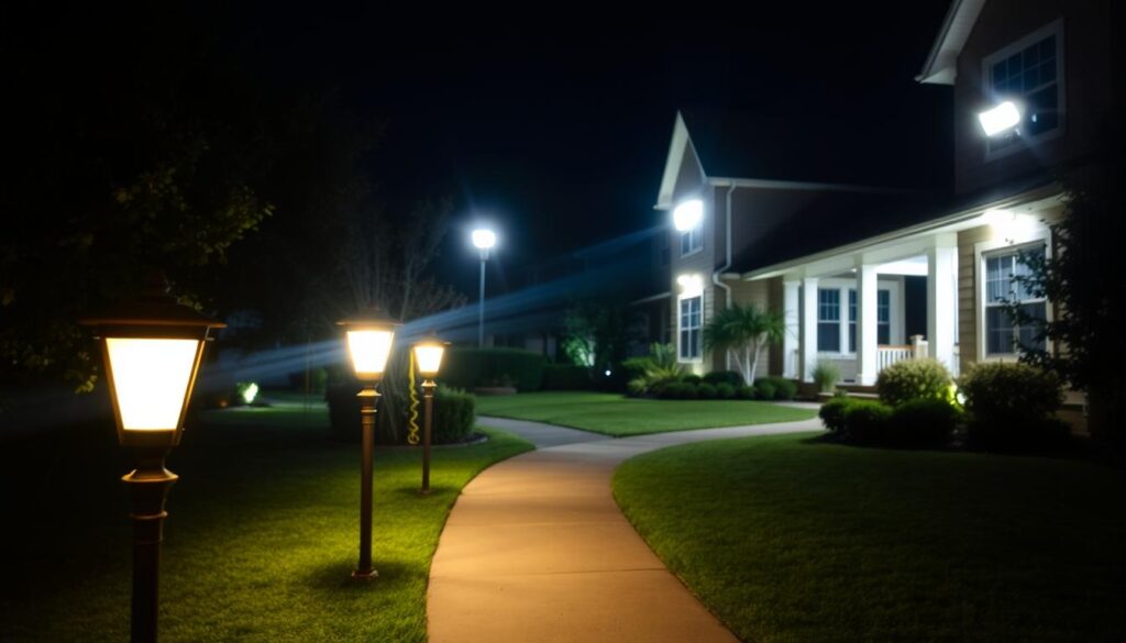 A nighttime scene of a well-lit outdoor space, showcasing a variety of safety lighting fixtures that effectively illuminate the area. In the foreground, a pathway is lined with warm-toned, downward-facing lamp posts, casting a soft, inviting glow. In the middle ground, motion-activated floodlights are mounted on the home's exterior, providing bright, targeted illumination to deter intruders. In the background, subtle ambient lighting highlights architectural features and landscaping, creating a cohesive and secure atmosphere. The lighting is evenly distributed, eliminating dark spots, and the overall scene conveys a sense of safety, comfort, and protection for the homeowners and their property.