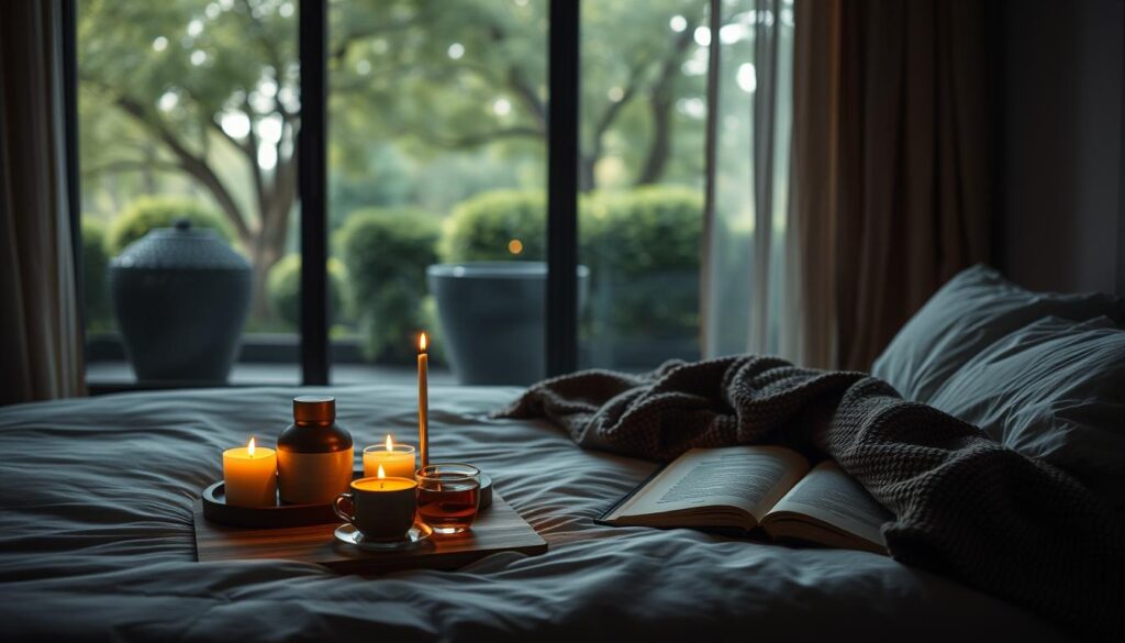 A peaceful, dimly lit bedroom with a plush, inviting bed. On the nightstand, an array of self-care items - scented candles, a cozy blanket, a cup of herbal tea, and an open book. Soft, warm lighting casts a tranquil glow, creating a sense of serenity. In the background, a large window overlooking a serene garden, with the gentle sway of trees visible through the sheer curtains. The overall atmosphere is one of relaxation, comfort, and mindfulness, inviting the viewer to unwind and engage in a personalized wind-down routine.