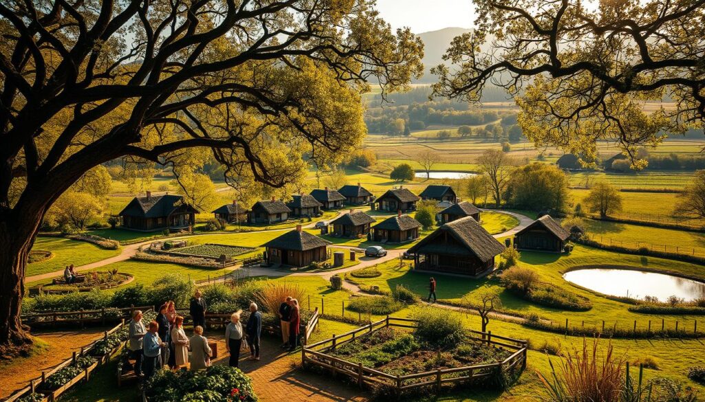 A peaceful rural community nestled in a lush, rolling landscape. In the foreground, a group of people gather around a communal garden, tending to plants and chatting leisurely. Warm afternoon sunlight filters through the branches of mature oak trees, casting a soft, golden glow. In the middle ground, simple timber-framed houses with thatched roofs blend harmoniously with the natural environment. Winding paths lead between the dwellings, where residents move at a slow, unhurried pace. In the distance, a small pond reflects the tranquil scene, surrounded by meadows and woodlands. An atmosphere of quiet contemplation and deep connection to the land pervades the entire composition.