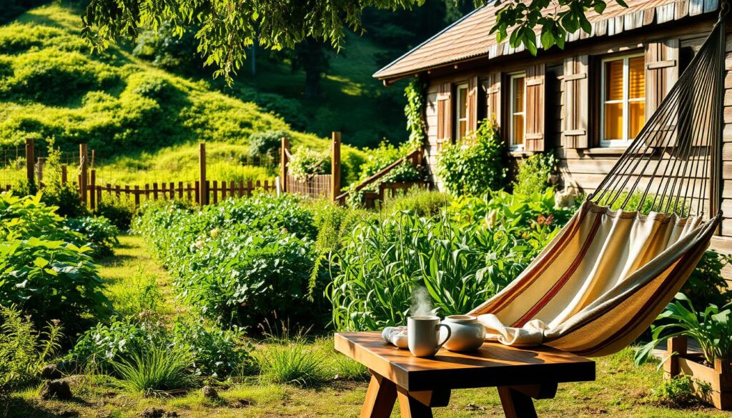 A peaceful, sun-dappled outdoor scene showcasing the essence of slow living. In the foreground, a cozy hammock sways gently, inviting rest and relaxation. Nearby, a wooden table holds a steaming mug of tea and a few simple, artisanal crafts. The middle ground features a lush, overgrown garden where vegetables and herbs grow in abundance, symbolizing the joys of homegrown sustenance. In the background, a rustic cottage with weathered wooden siding nestles into a verdant hillside, its windows bathed in warm, golden light. The overall mood is one of tranquility, simplicity, and an unhurried appreciation for the natural world.