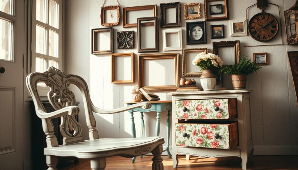A rustic and charming vintage furniture upcycling scene. In the foreground, an old wooden chair with intricate carved details, painted in a distressed ivory hue. In the middle ground, a small side table, its drawers transformed with vibrant floral decoupage. Soft, natural lighting filters through a large window, casting a warm glow over the scene. The background features a gallery wall adorned with eclectic vintage frames and repurposed architectural elements. The overall atmosphere evokes a sense of timeless elegance and creative DIY inspiration.