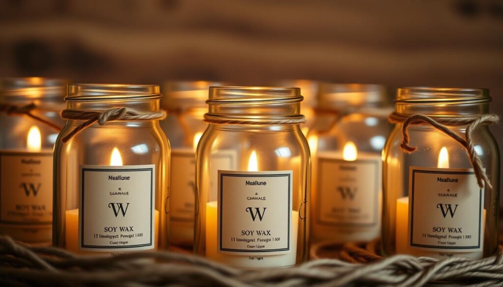 A rustic arrangement of handcrafted soy wax candles nestled in weathered mason jars. The jars are adorned with simple twine or string, evoking a cozy, natural aesthetic. Soft, warm lighting flickers within the jars, casting a gentle glow that fills the scene. The candles' labels feature minimalist designs, highlighting the pure, organic nature of the soy wax. The foreground is in sharp focus, drawing the eye to the inviting candle display, while the background is softly blurred, creating a sense of depth and intimacy. The overall mood is one of tranquility and comfort, perfect for a cozy night at home.
