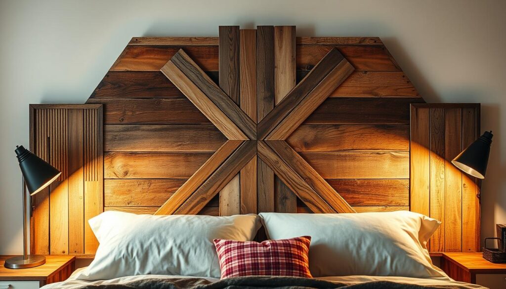 A rustic, handcrafted DIY headboard made from an eclectic mix of upcycled materials. The focal point is a striking geometric pattern created by arranging reclaimed wood planks of varying sizes, textures, and shades. Surrounding this centerpiece are complementary elements like woven rattan panels, weathered metal accents, and natural fibers. The overall aesthetic is warm, inviting, and reflective of the homeowner's unique style. Soft, diffused lighting illuminates the headboard, casting gentle shadows that accentuate the depth and character of the materials. The composition is photographed from a slight angle, capturing the headboard in an artful, staged setting that highlights its bespoke, one-of-a-kind appeal.