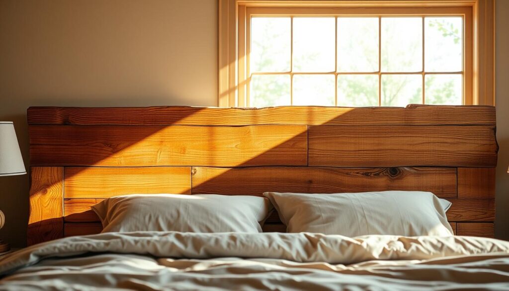 A rustic, handcrafted wooden headboard set against a warm, inviting bedroom scene. Sunlight streams in through a large window, casting a soft, natural glow on the headboard's intricate textures and grain. The headboard is adorned with simple, yet elegant, decorative elements like carved patterns or reclaimed wood accents. In the foreground, plush bedding in muted tones complements the headboard's earthy aesthetic. The overall composition conveys a sense of cozy, welcoming charm, inspiring viewers to envision the possibilities of a DIY headboard project they could complete over a weekend.