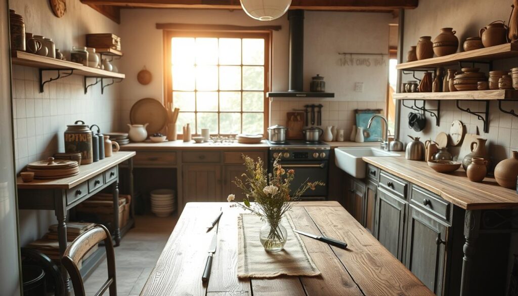 A rustic kitchen interior with warm natural lighting, showcasing a mix of reclaimed wood, wrought iron, and earthy ceramics. In the foreground, an antique wooden table is set with a simple table runner and a vase of wildflowers. Along the walls, sturdy shelves display a collection of vintage jars, cookbooks, and rustic kitchenware. The middle ground features a vintage-inspired stove and a farmhouse-style sink, complemented by a tiled backsplash. In the background, a large window overlooks a lush garden, casting a soft, golden glow throughout the space. The overall atmosphere is cozy, inviting, and budget-friendly, reflecting the charm of a well-curated rustic kitchen.