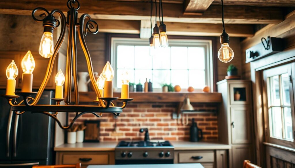 A rustic kitchen scene, bathed in the warm glow of vintage-inspired lighting. In the foreground, a wrought-iron chandelier with distressed candle-style bulbs casts a soft, ambient light over a sturdy wooden table. Hanging from the ceiling, a cluster of Edison-style pendants with exposed filaments add a touch of industrial charm. The middle ground features a brick backsplash, complemented by distressed wood cabinetry and worn metal hardware. In the background, a large window allows natural light to filter in, casting gentle shadows and highlights throughout the space. The overall atmosphere is cozy, inviting, and evocative of a bygone era, perfect for a budget-friendly rustic kitchen transformation.